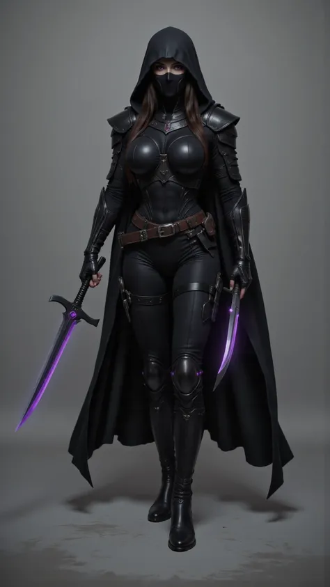 1girl, solo, elf, long hair, purple eyes, serious, slim waist, (((black assassin's facemask))), fingerless gloves, (((black hooded cape, cloak)))), assassin, ((((full black fantasy assassin's body armour))), (((hooded))), (full body), black fingerless elbo...