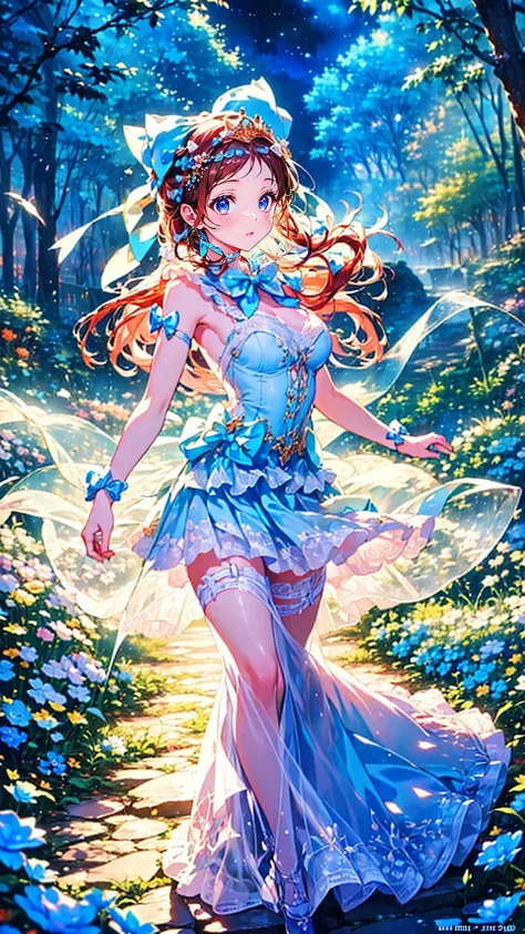 Head to toe composition 、  full body view、 Beautiful young Snow Goddess with flowing blue accents in a long white dress ,  Standing in a Snowy Forest ,  Long flowing white hair dancing around her ,  Sparkling Spiritual Wind Spirit ,  gentle face ,  Beautif...