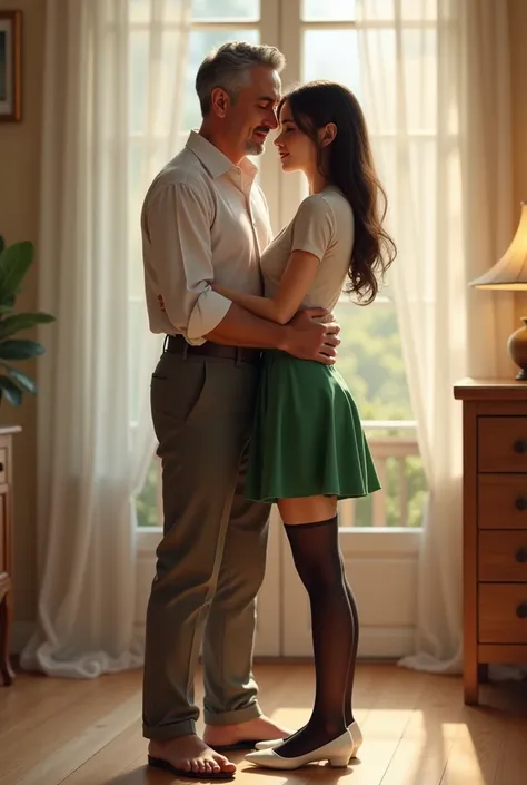 A scared petite young woman wearing black nylon stockings green summer skirt, blouse, white flat shoes, Her father is hugging her