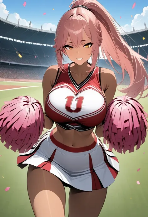 top quality、 more details、 High Resolution Illustration 、Ultra-high-definition CG、pink hair, ponytail、dark skin、dark skin、gold eyes、Slanted Eyes、 eyeliner、 watching 、 one mature woman、cheerleader outfit、provocative、stadium、 crowd cheering、confetti、bare leg...