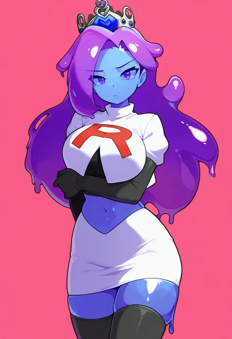 masterpiece, best quality, 1girl, solo, looking at viewer, queenslime, long hair, crown, colored skin, slime girl, large breasts, curvy, purple hair, team rocket,team rocket uniform,white skirt,red letter R,crop top,black thigh-highs,black elbow gloves, co...