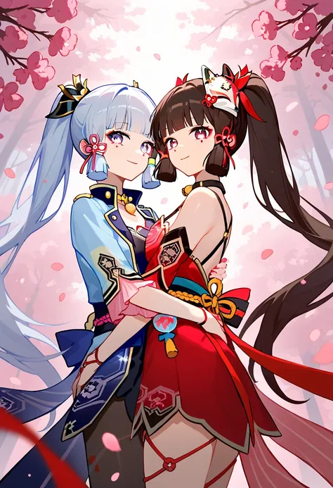  Embracing Ayaka and Sparkle together in the same photo with a different hairstyle , Both are women,  Kamisato Ayaka is the character from the video game Genshin Impact and Sparkle is the character from the video game Honkai Star Rrail, They are completely...