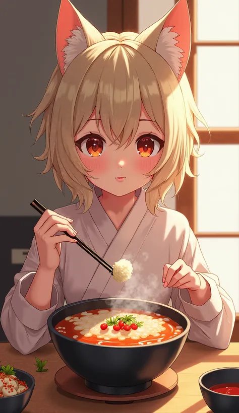 Cat girl eating Japanese soup