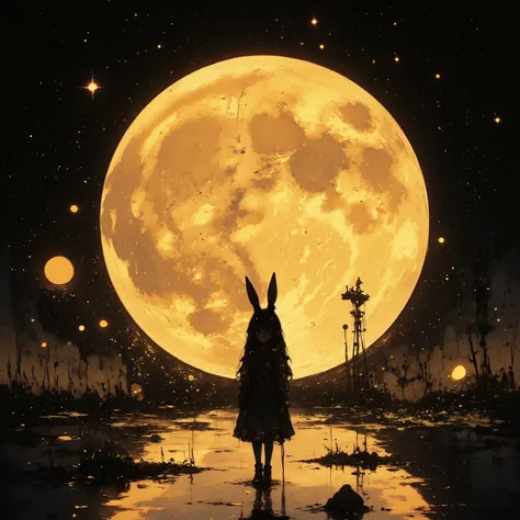 ((masterpiece)), (( best quality)), (Huge yellow full moon), (The black silhouette of a rabbit girl is reflected on the huge full moon)