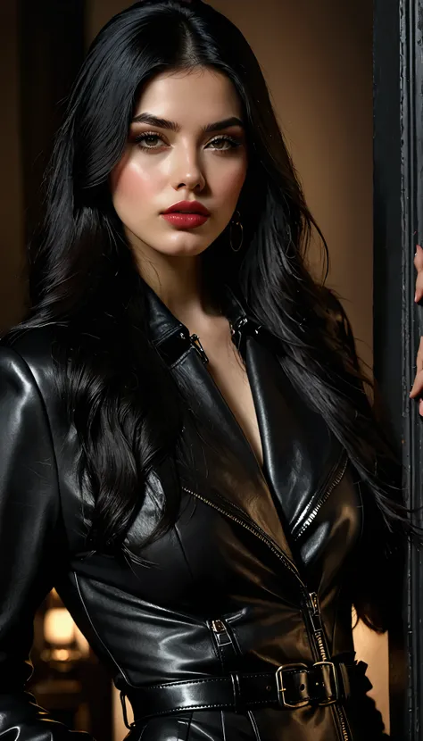 plano gran general, ella esta alejada de la cámara, imagen centrada:1.5, a woman with long, straight black hair, thick lips, rosy cheeks, open black leather outfit, 20 years old, depression, simple background, (best quality,4k,8k,highres,masterpiece:1.2),u...