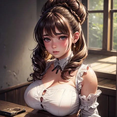 Solo, 1girl, Chubby, curvy, light brown hair, tightly curled permed hair, hair tied up in a large beehive bun, blushing, flushed face, wet eyes, choker, very large heavy breasts, chubby, belly, stretchmarks, (best quality,4k,8k,highres,masterpiece:1.2),ult...