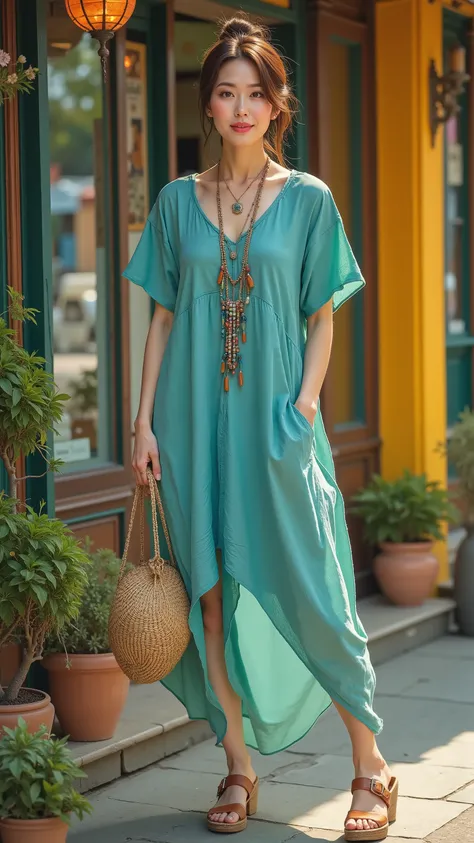 UHD, 16k, Masterpiece, top quality, Surrealism, Korean middle-aged woman, ((loose bun)), (( fair and clean skin)), ((  Turquoise knee-length linen dress with short sleeves, asymmetrical hemline longer at the back than at the front, long beaded necklace, wo...