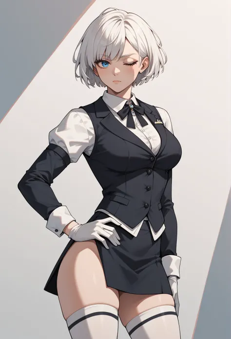 1 girl, Alone , Fausto_(limbo_ Company ),   white hair,  short hair, Blue eyes,  with one eye closed, light blush, boring expression,  Expressive, Alternative Costume, Butler&#39;s suit,  shirt with collar , vest, scarf,  long sleeves, Gloves,  Big breasts...