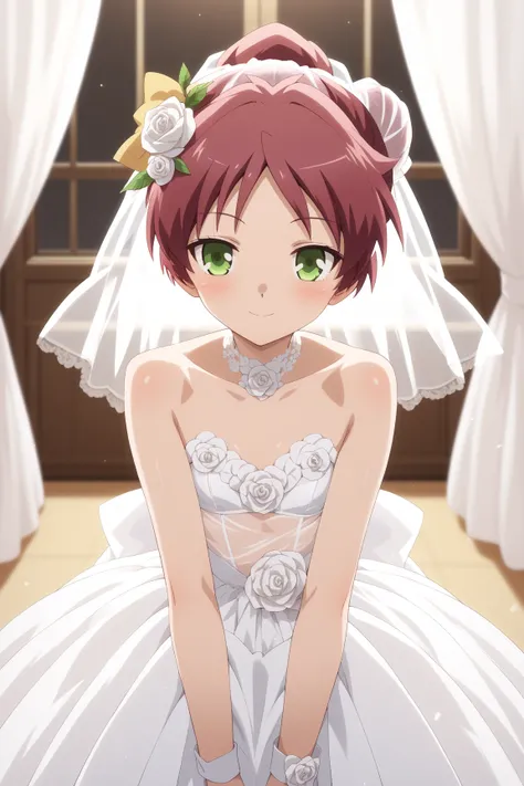 masterpiece,best quality,{{detailed beautiful face and eyes}}, very detailed background,
Minami Shimada,{{{megami magazine}}},short hair,red hair,short ponytail,yellow bow,green eyes,flat chest,
1girl,hairstyle: (wedding bun:1.2)
Outfit: (wedding dress,int...