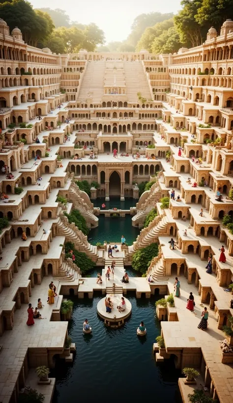 Visualize side bird-view of a majestic ancient South Indian white marble stepwell (baori or vav) with colorful gopurams and dravidian architecture transformed into a vibrant oasis of life and nature. The stepwell features cascading, symmetrical marble step...