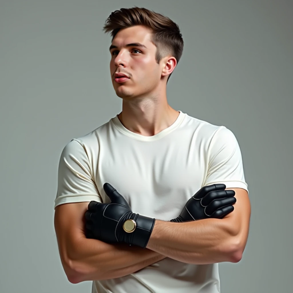 A relaxed looking young male,  wearing a modern and minimalist light-tone t-shirt ,  designed with technical materials for maximum comfort , and a short futuristic black glove ,  with an elegant design and discreet details that reflect advanced technology ...