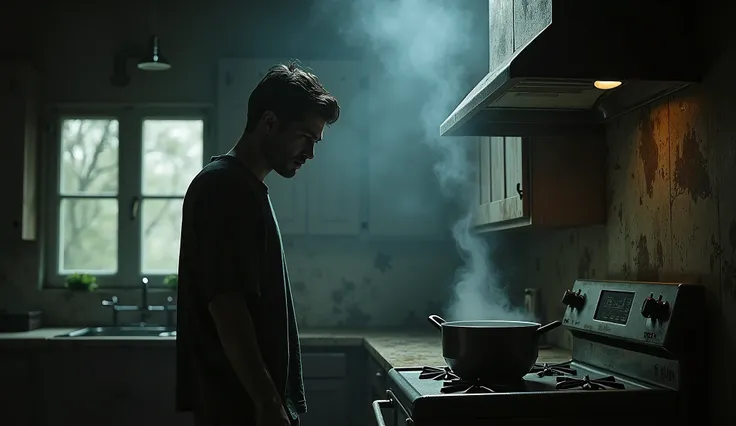 An old kitchen, with the protagonist 25-YEAR-OLD MAN (alexis) cooking soup .  The dark, thick broth in the pot emanates a strange vapor . El rostro de alexis está iluminado por la luz de la estufa,  with an expression of fascination and anxiety ,  as the s...