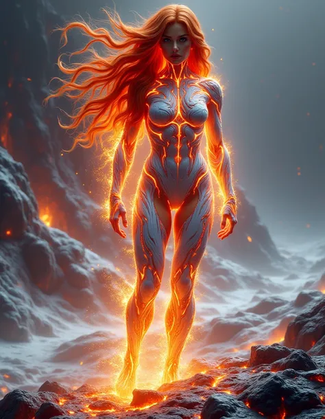 Full body image, ((full body view)) best quality, 8k, (ultra-detailed:1.2), beautiful sexy woman, (large hips), (large thigs), (waist), long flowing ginger burning hair,(realistic:1.37),(Marvel Comics:1.1),(DC Comics:1.1),(Phoenix White Queen fusion), (Jea...