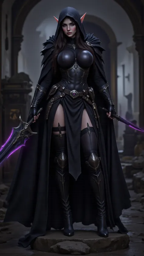 1girl, solo, elf, long hair, purple eyes, serious, busty, slim waist, (((black assassin's facemask))), fingerless gloves, (((black hooded cape, cloak)))), assassin, ((((full black fantasy assassin's body armour))), (((hooded))), (full body), black fingerle...