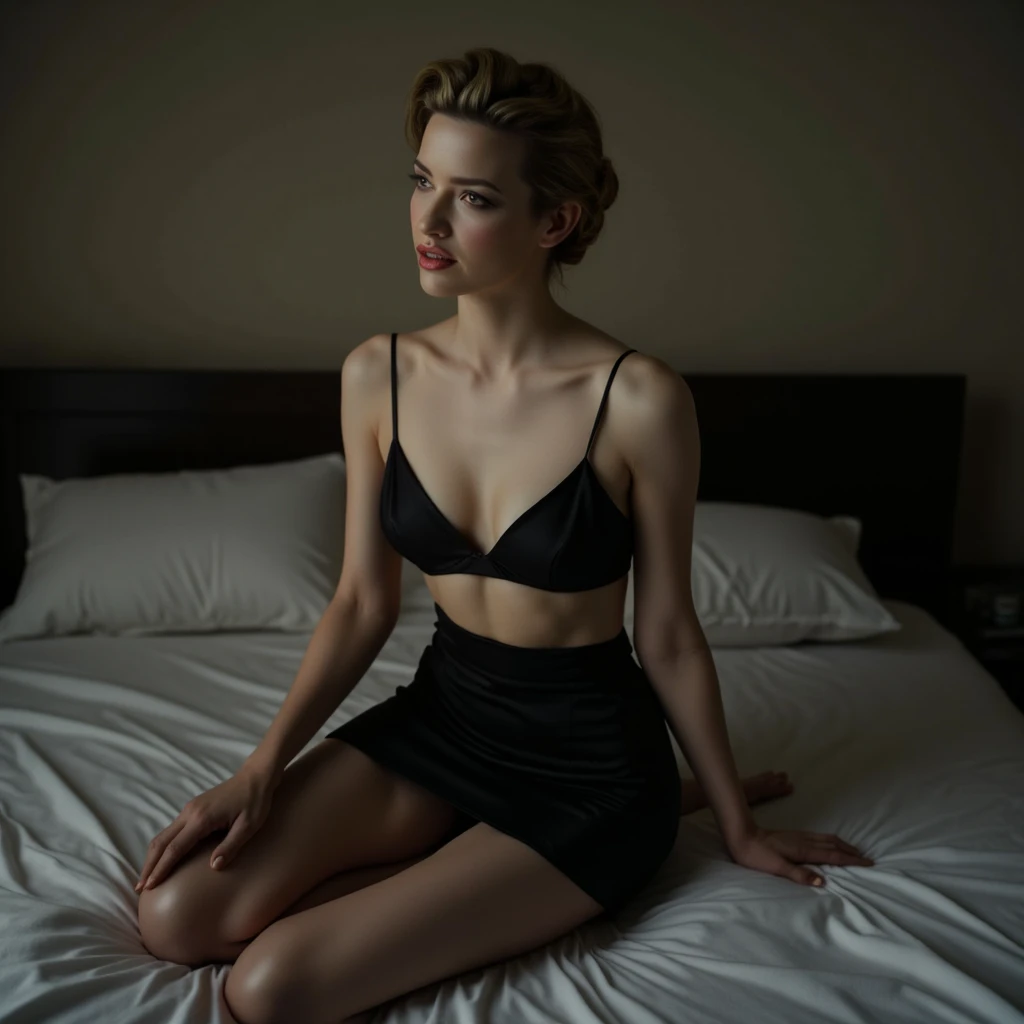 A photo of Talulah Riley in a black bra and short black pencil skirt, black tights, kneeling on a bed, posing, blank stare, emotionless, mouth slightly open