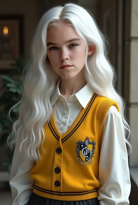 a young adult with long, soft wavy white hair. She has pale white skin and freckles on her cheeks, nose and shoulders. Her cheeks should have very soft blush and her lips should be a bit flushed. She should be wearing a white long sleeve button up with a y...