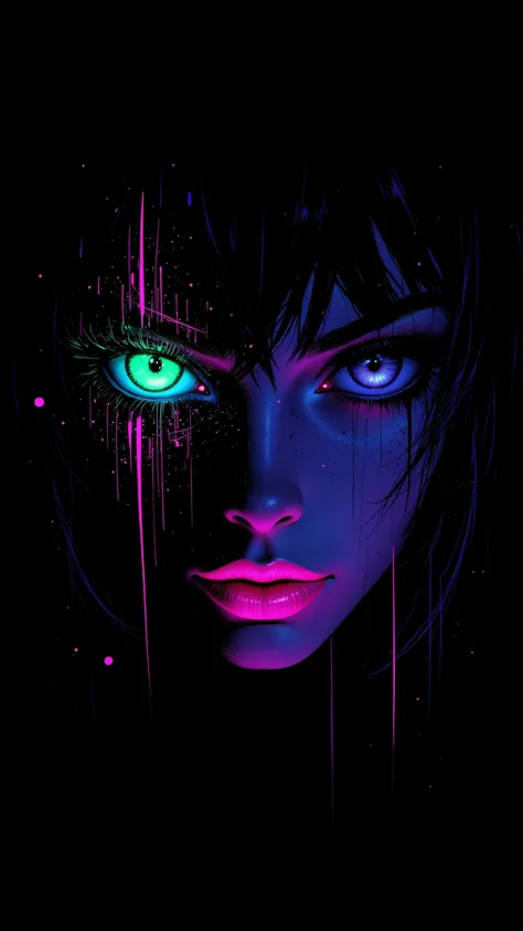 Dark futuristic portrait, neon colors, black background, glowing pink lips, green cyberpunk eye, digital art, abstract lines and dots, purple accents, intense gaze, surreal, high contrast, sci-fi aesthetic, ethereal, mysterious, detailed, intricate, vibran...