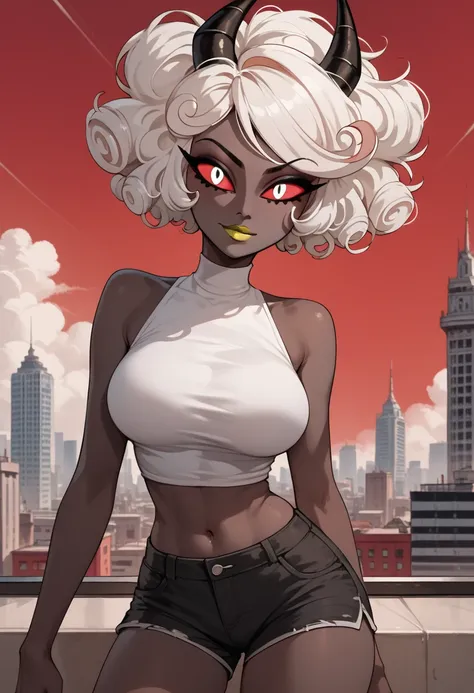 woman, big breasts, anime style, yellow lipstick, white eyes, red eye background, white hair, black skin, curly hair, bare shoulders, red sky, black horns, exposed belly button, shorts, Clara Carmine, Hazbin Hotel, solo, city