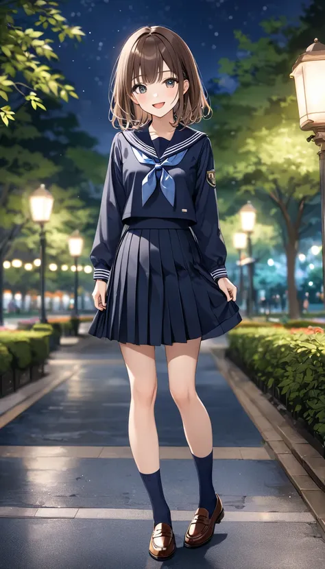 full body、 best quality, high definition,masterpiece, ( navy blue sailor suit),  Long Sleeve, Alone,  beautiful adult woman、Complex pupil, smile, open mouth, blush, ((small breasts)),  brown hair , bangs,  navy blue pleated skirt, (midi length skirt:1.2), ...