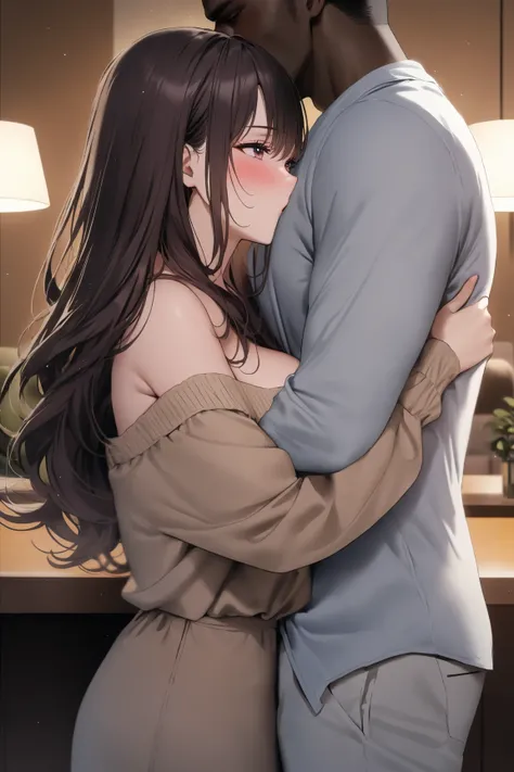 top quality, masterpiece,  high resolution, 8k, 1 girl 1 boy  , The right move, (((bust shot))),  maroon droopy , ((( semi-long dark hair ))), Busty Wife, (((Casual, light-dressed men and women hug each other))), deep kiss, Living room at night, Living roo...