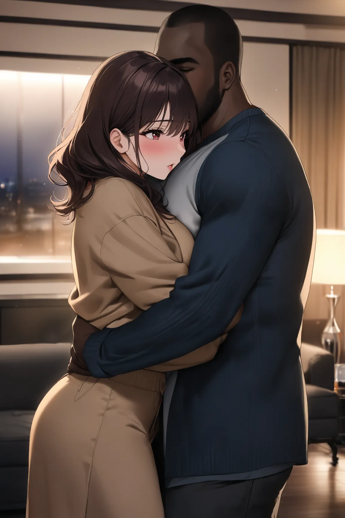 top quality, masterpiece,  high resolution, 8k, 1 girl 1 boy  , The right move, (((bust shot))),  maroon droopy , ((( semi-long dark hair ))), Busty Wife, (((Casual, light-dressed men and women hug each other))), deep kiss, Living room at night, Living roo...