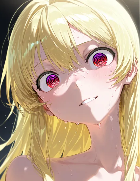 (girl, solo, blonde hair, long hair, wild hair, red eyes, expressive eyes, spiral eyes), ( perfect face), sweaty, (Highly detailed, Absurdres, Anatomically correct, Best quality)