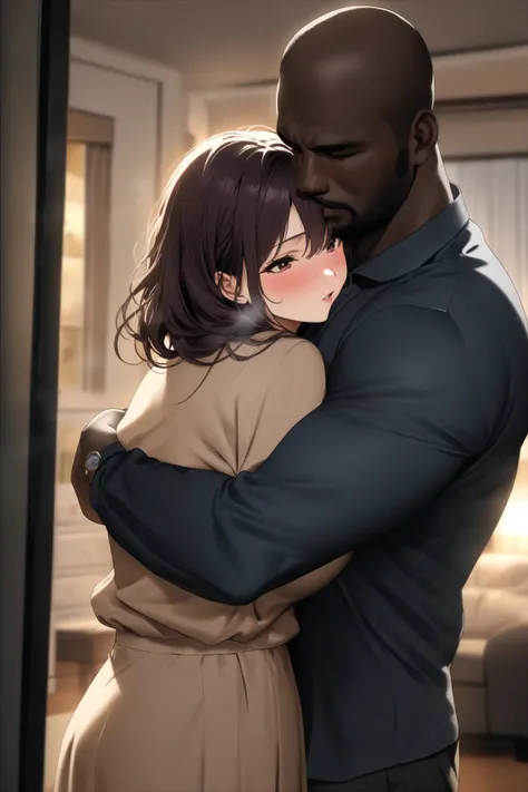 top quality, masterpiece,  high resolution, 8k, 1 girl 1 boy  , The right move, (((bust shot))),  maroon droopy , ((( semi-long dark hair ))), Busty Wife, (((Casual, light-dressed men and women hug each other))), deep kiss, Living room at night, Living roo...