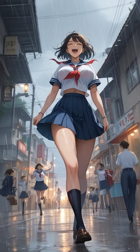 Anime, japanese school girl sailor uniform, running towards the school, heavy rain, wet, dark sky, joking, laughing, 3 female students running together, different haircuts, quality masterpiece, perfect features, perfect figure, sensual woman, big breasts, ...