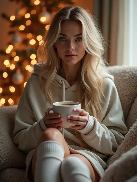 Lovely cute young attractive Russian girl, blue eyes, a gorgeous actress, cute, an Instagram model, with long blonde hair, wearing an oversized hoodie and thigh-high socks, sitting on a cozy couch with a cup of hot cocoa, fairy lights in the background, wa...