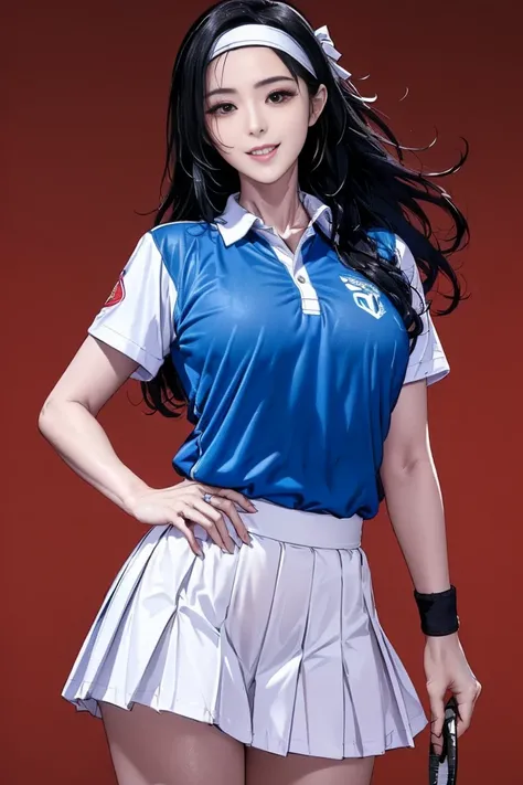 (best quality:2.0),(extremely detailed:2.0),(highly detailed:2.0),(Scene 1: Aki Kitagawa is standing confidently on the school’s badminton court, wearing her sports uniform—a white short-sleeve shirt with light blue accents and a matching pleated sports sk...