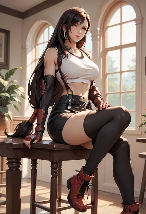 defTifa, red eyes, low-tied long hair, earrings, white crop top, suspenders, black miniskirt, pencil skirt, arm warmers, black elbow gloves, elbow pads, red gloves, red footwear