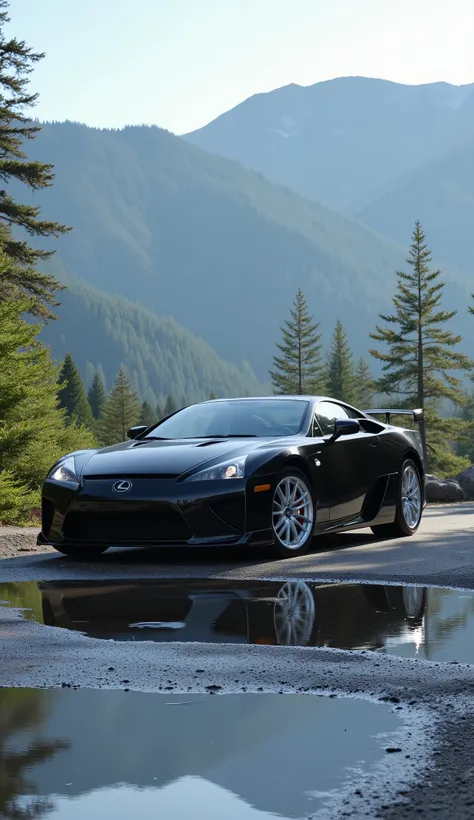 Inspired by the graphic Intial D ,  I want a Lexus LFA black metallic ,  white wheels and 4K details with highlights making the image more beautiful.  I want the setting to be in the mountains of Japan ,  where there will be pools of water on the road refl...