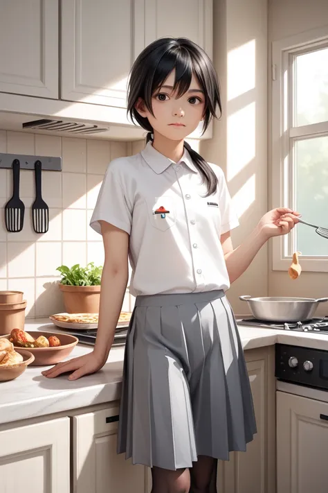 cute woman, tomboy girl, 1girl, woman, kitchen, black hair, lower ponytail, side part, low ponytail, long ponytail, cute, white maxi shirt, button up shirt, short sleeves, untucked shirt, grey skirt, grey pleated skirt, half long skirt, pantyhose, working ...