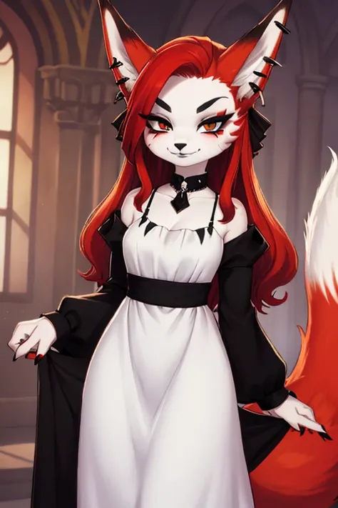 diane foxington, red hair, emerald eyes, Black Lipstick,  black eyebrows ,  silver eyebrow piercings,  fox tail ,  long white dress , smirk