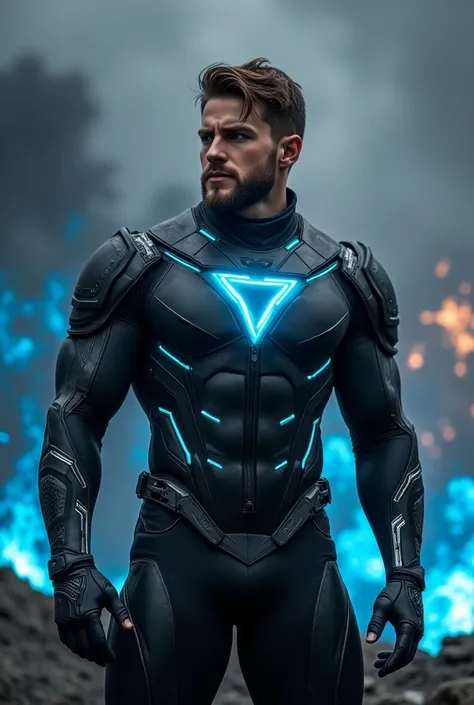  full shot of ericjanicki A handsome ,  30-year-old European man with short brown hair and a beard .  The costume is of a futuristic design and tight to the body ,  composed of advanced materials that look like a mixture of flexible polymers and metallic c...