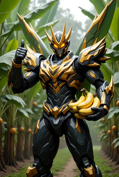 Kamenrider brings bananas,wide wings of a banana leaf,give a thumbs up,magic yellow fire eyes,8k, Textured Skin, Banana orchard background 