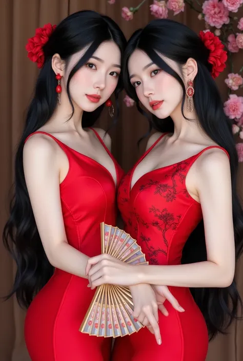 Two 20-year-old girls stood holding Chinese fans, wearing beautiful Chinese dresses, good figures, long black hair tied into a bun, sexy, red cheongsams with patterns, smiling slightly.
