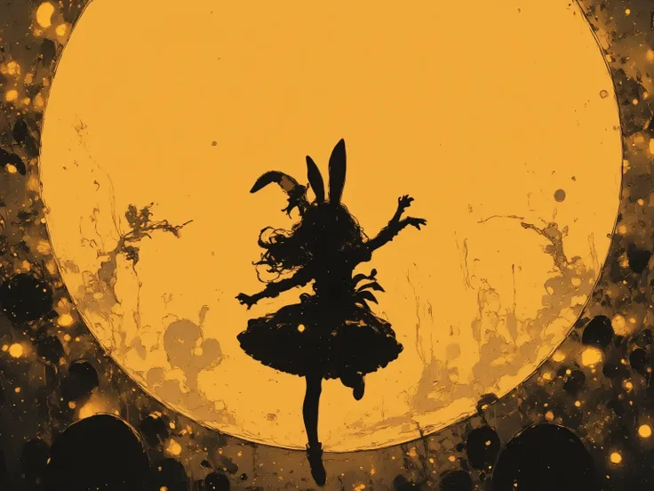 ((masterpiece)), (( best quality)), (Huge yellow full moon), (The black silhouette of a rabbit girl is facing the side and jumping back and forth like a ballet dancer against the backdrop of a huge full moon)