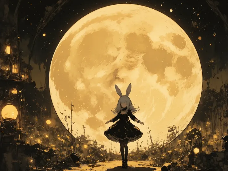 ((masterpiece)), (( best quality)), (Huge yellow full moon), (The black silhouette of a rabbit girl is facing the side and jumping back and forth like a ballet dancer against the backdrop of a huge full moon)