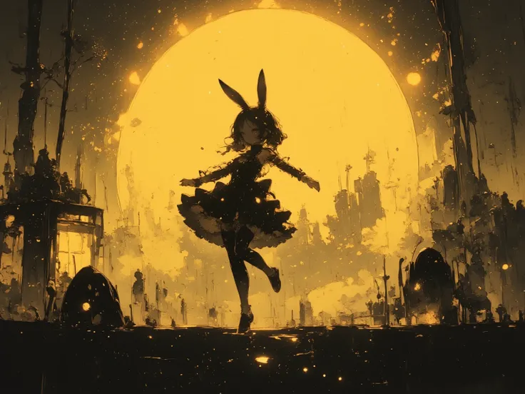 ((masterpiece)), (( best quality)), (Huge yellow full moon), (The black silhouette of a rabbit girl is facing the side and jumping back and forth like a ballet dancer against the backdrop of a huge full moon)