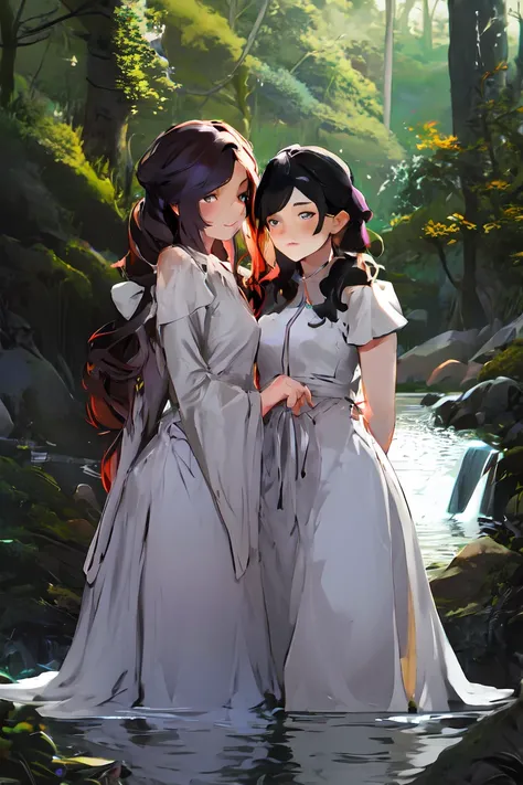  beautiful woman, ドレス long hair,  1 girl in the best,  long hair,  look, masterpiece, accurate,  best quality,  anatomically correct,  lesbian couple、Purple、 Lake in the Forest