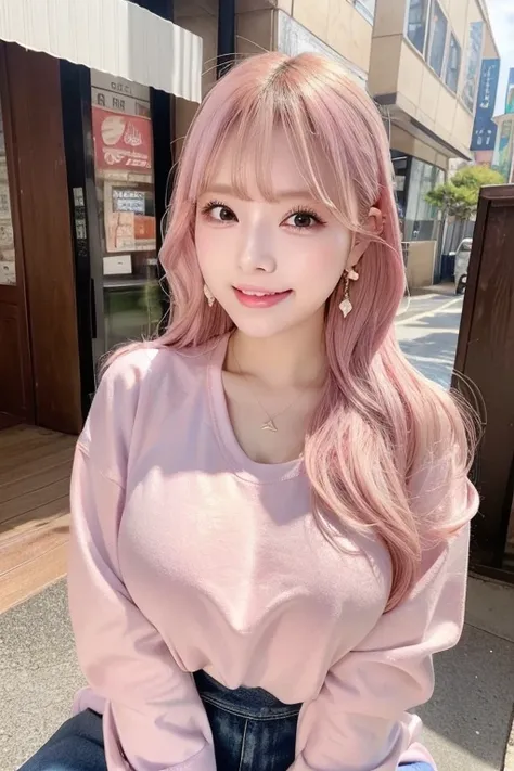  Too big bust,  facing sideways, light pink hair, huge breasts ,凄いBig Breasts,Obaby,A cute girl like an idol  ,Big Breasts, I’m wearing a sweatshirt” “My whole body is in the picture.Clothes that look like 々”
long skirt,  camera,  is laughing, valley,Aroun...