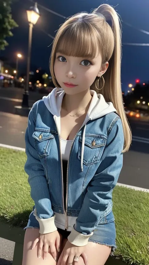 ( Closed White Pull Zip Hoodie:1.2)、(( denim jacket))、Leather Flared Mini Skirt 、 Knee High Heels Boots 、 1 girl、 Straight Bob Hair 、 side ponytail 、Blonde、Big Breasts、 skinny body、 fishnet tights、Earrings、Around town、 Sit on a green park bench、 Night Park...