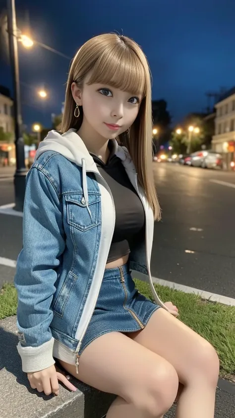 ( Closed White Pull Zip Hoodie:1.2)、(( denim jacket))、Leather Flared Mini Skirt 、 Knee High Heels Boots 、 1 girl、 Straight Bob Hair 、 side ponytail 、Blonde、Big Breasts、 skinny body、 fishnet tights、Earrings、Around town、 Sit on a green park bench、 Night Park...