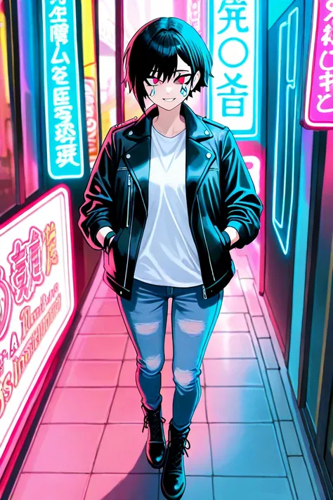  An adult tomboy-style woman in a modern urban environment ,  with short, messy black hair with bluish reflections ,  dressed in a black leather jacket ,  simple white t-shirt and distressed jeans .  She wears sturdy black boots and fingerless gloves .  He...