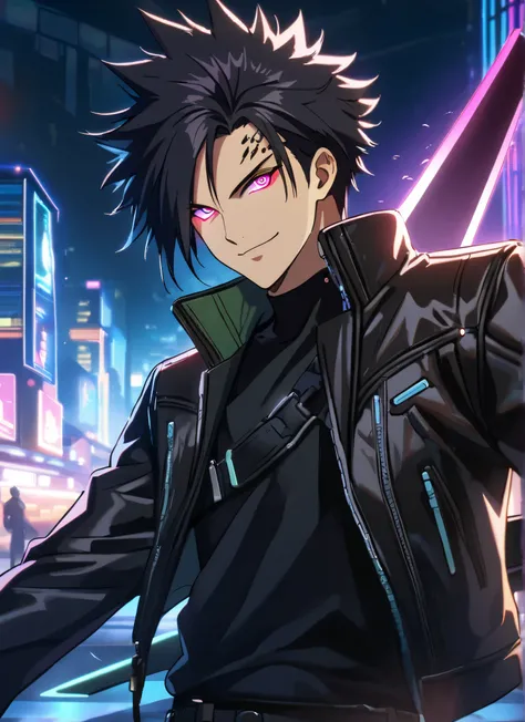 A man, short hair, spiky upwards, with some strands falling on the forehead, with a giant Sword on the back, a giant neon black sword , wearing a leather white jacket and black t shirt, stand and confident pose, confidente smile, cyberpunk, night, fingerl...