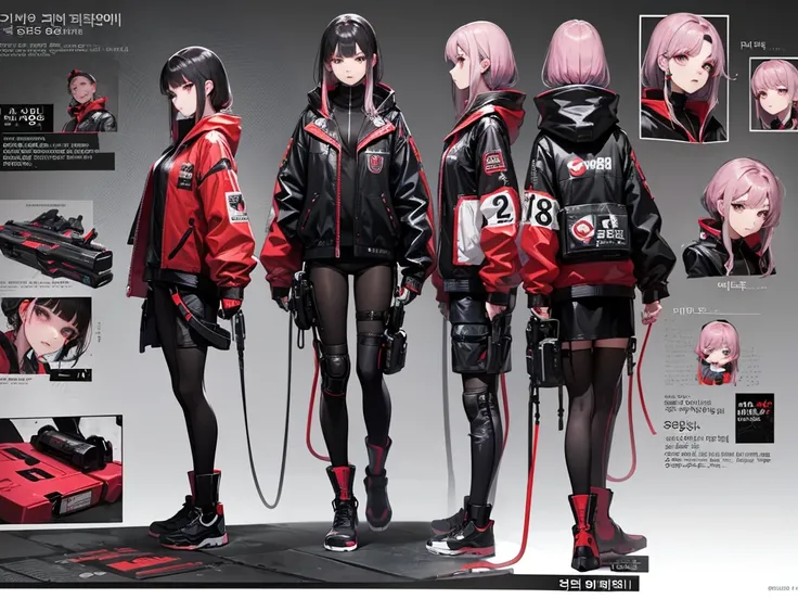  An 18-year-old girl, on-korean, game developer, with cyberpunk clothes and black hair.  full body .
