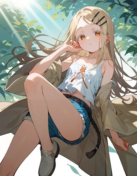 hiro-default,shinosawa hiro,slender,orange eyes,white eyelashes,blonde hair,long hair,hairclip,white camisole,blue shorts,coat,wide sleeves,belt,white footwear, extremely detailed 目, enhanced details, Perfect anatomy, very delicate body, smooth skin, femin...