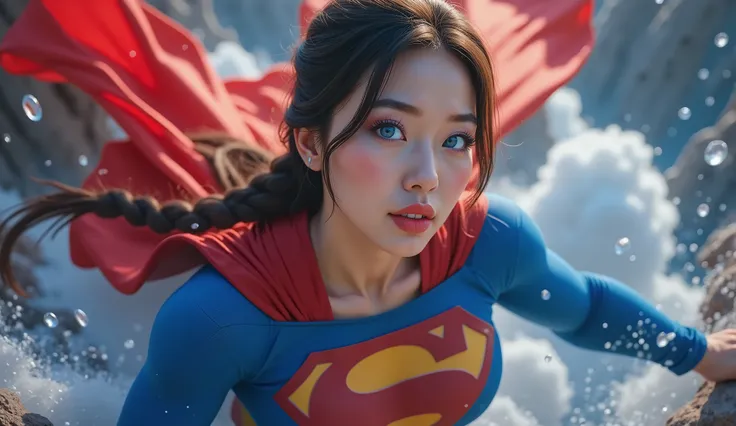 A FULL VIEW OF A BLUE EYED, CUTE, PETITE THAI/KOREAN/CHINESE MATURE GIRL, SLIM PETITED BODY WEARING A BLUE SUPERMAN SUIT AND RED CAPE.4K, 8K 4K RAIN, 4K WATER BEADS, 4K HIGH RESOLUTION, SHARP CRYSTAL CLEAR IMAGE, PROUDLY WEARING THE 'S" ON HER SUPERMAN SUI...