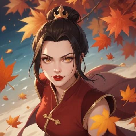 Azula is a beautiful ,  young , fair-skinned,  An amber-eyed and slender girl of medium height .  Azula's makeup consists of mascara and red lipstick .  Azula also has wavy dark brown hair down to the middle of her back with two extra strands above her sho...